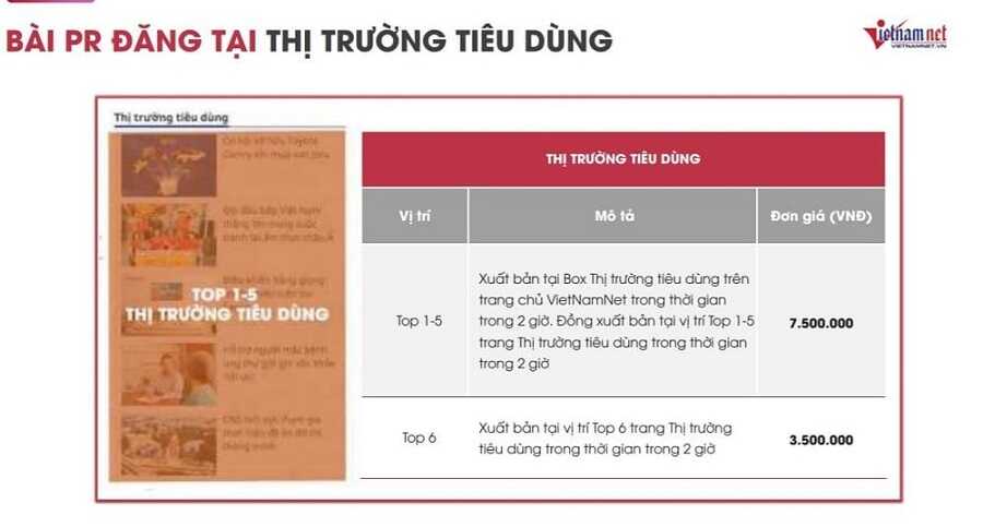 Bảng giá book bài pr trên vietnam.net 3